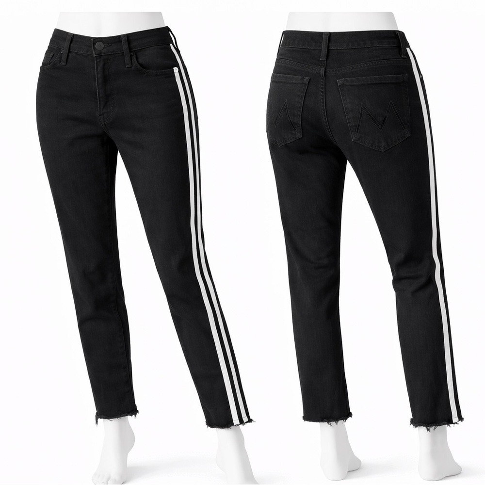 Mother Jeans Cropped Black Jeans with White Stripes